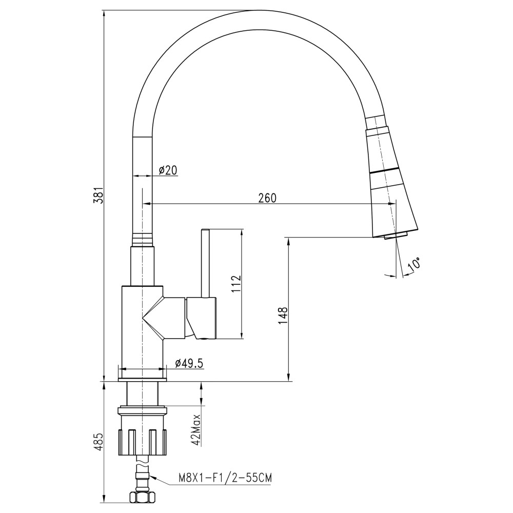 Змішувач для кухні TOPAZ LOFT TLF 8854-H39-GP-B01, Шланги TAQ-M0855 Змішувач для кухні TOPAZ LOFT TLF 8854-H39-GP-B01, Шланги TAQ-M0855