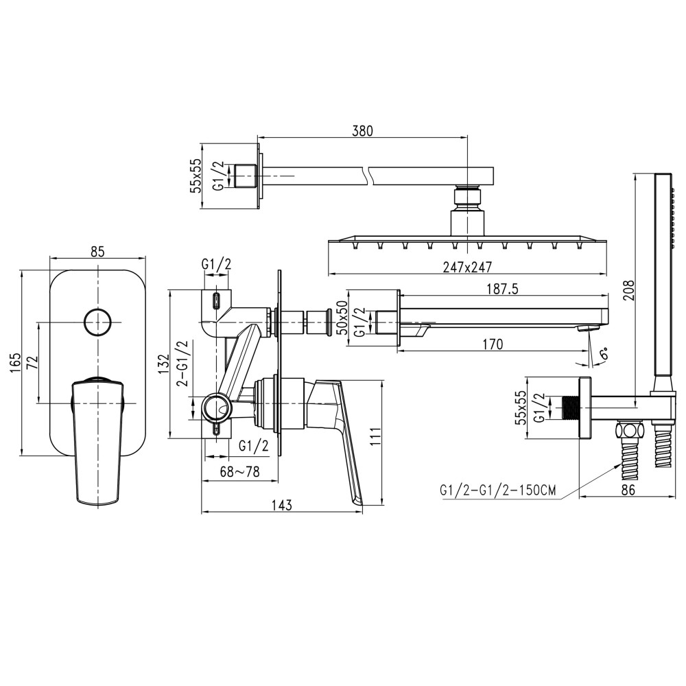 Змішувач для ванни вбудований TOPAZ LEXI TLG 21202-H21-BL