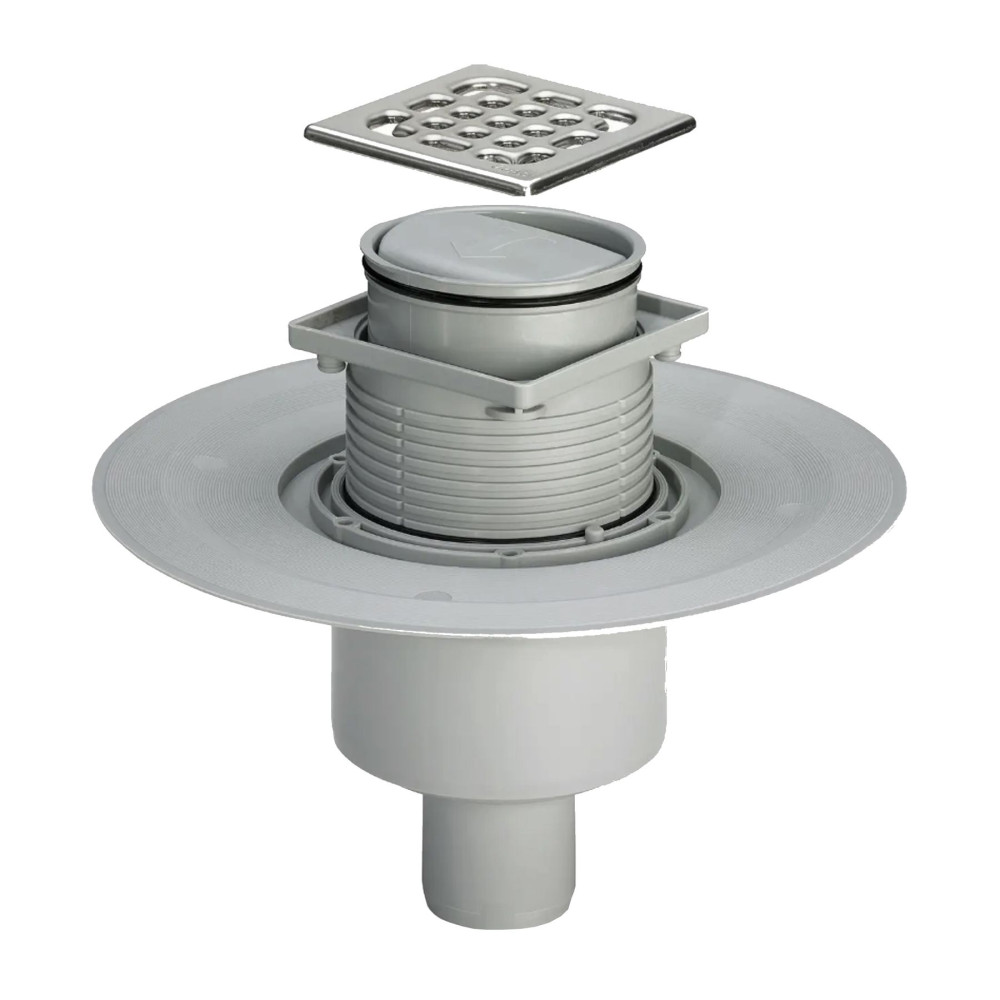 Трап з сухим затвором VIEGA ф50, нерж, решiтка 100*100  , верт. пластик 583224