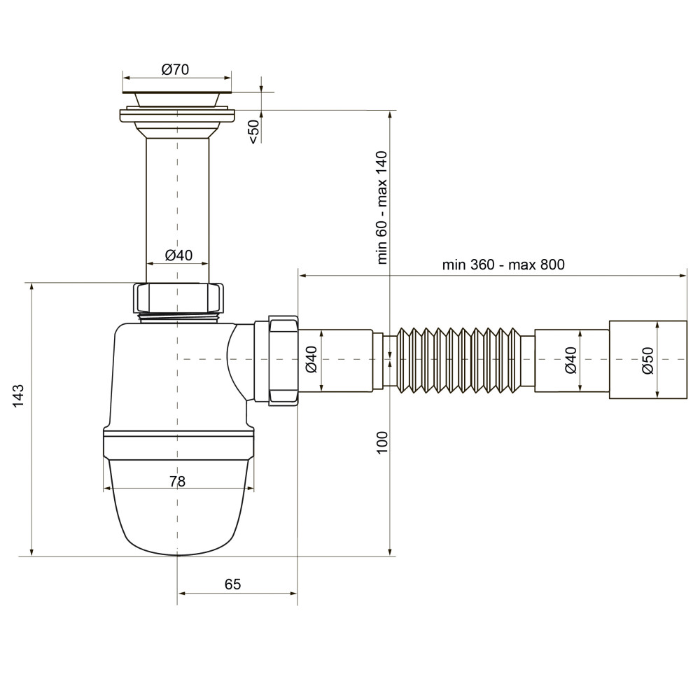 Сифон OPTIMUM 1 1/2″*40 для умивальника та мийки  з литим випуском та гофротрубою 40*40/50 OPTI 11043