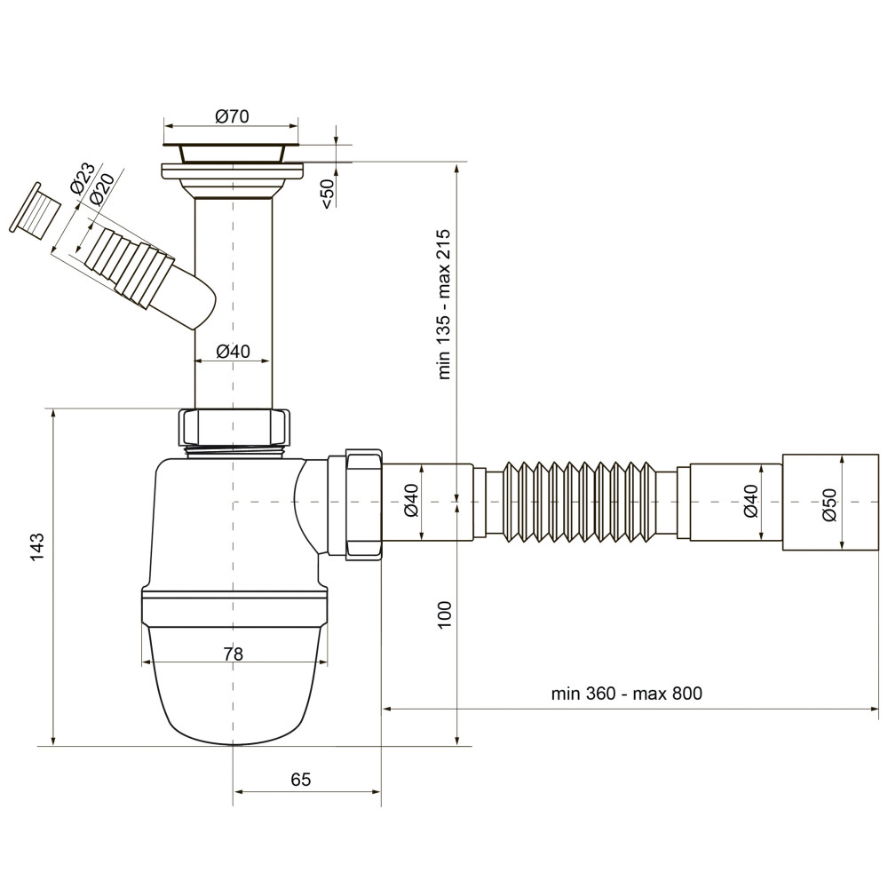Сифон OPTIMUM11/2″*40 для умивальника та мийки з відведенням для пральної машини та гофротрубою 40*40/50 OPTI 13043
