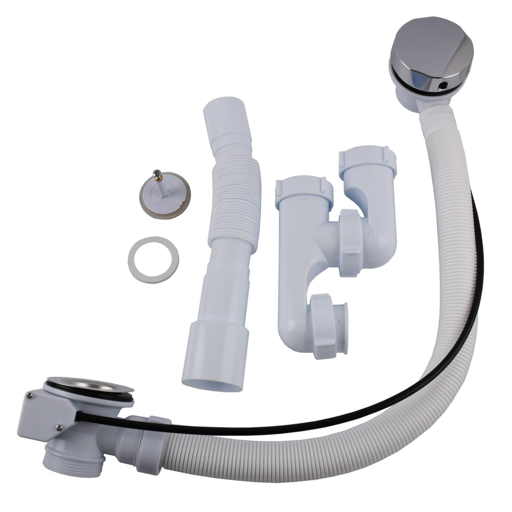 Сифон OPTIMUM для ванни з ревізією, переливом напівавтомат (трос 580, ручка хром) та гофротрубою 40*40/50 OPTI 27433