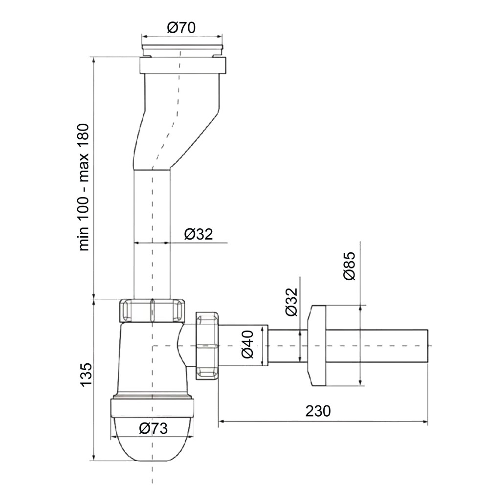 Сифон OPTIMUM для пісуара з трубкою 40/32*200, розетками 32 та 40 OPTI 19708