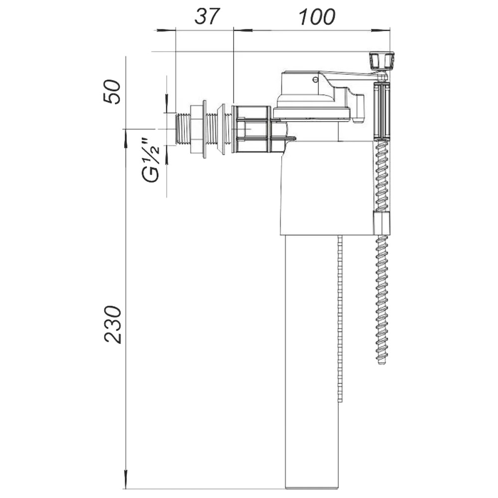 Наповнююча арматура з боковою подачею води, G½ʺ, 137х66х280мм