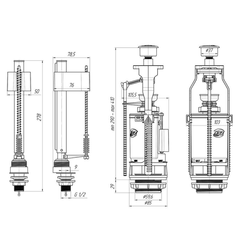 Набір для бачка унітазу OPTIMUM  ниж підв пласт 1/2″  з подвійним режимом зливу і хром кнопкою OPTI 0810