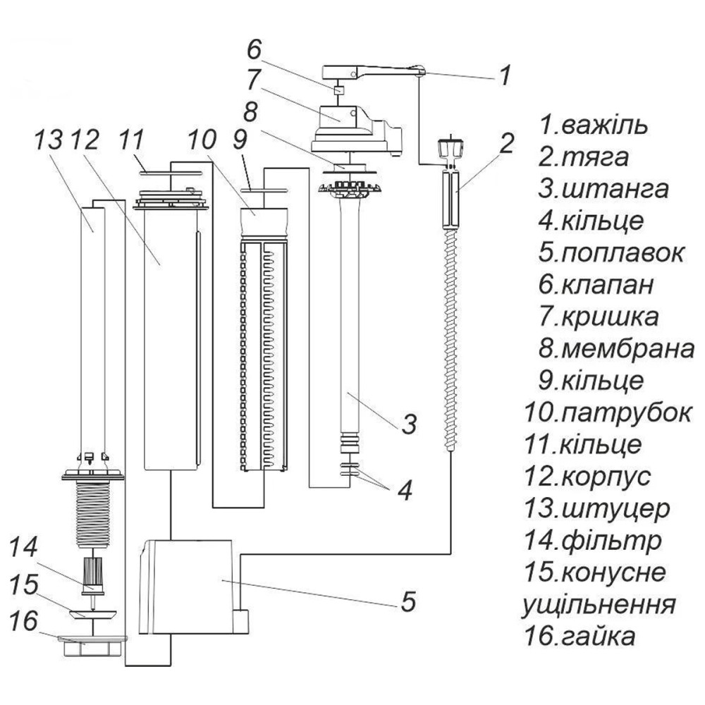 Наповнювальна арматура з нижнім підведенням, G½ʺ, 75х66х264мм АНн-01