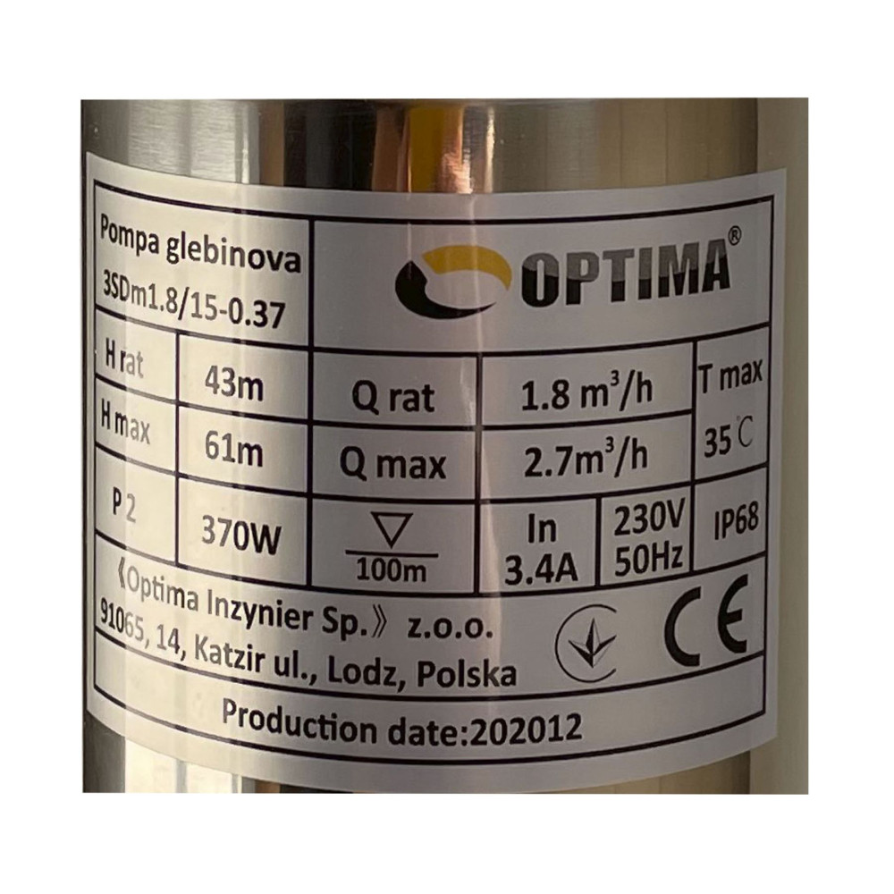 Насос свердловинний з підв, стійк, до піску 3″ OPTIMA  3SDm1,8/15 0,37 кВт 61м +пульт+кабель 35м NEW