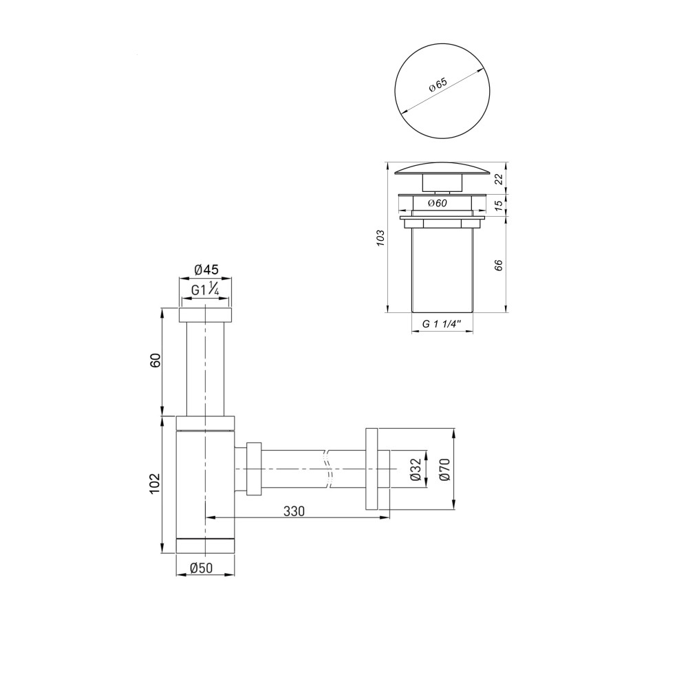 Сифон металевий з донним клапаном без переливу Globus Lux GS-32-105-03B