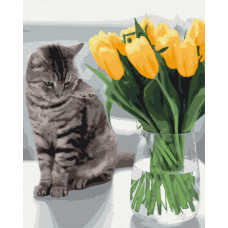 Котик з тюльпанами