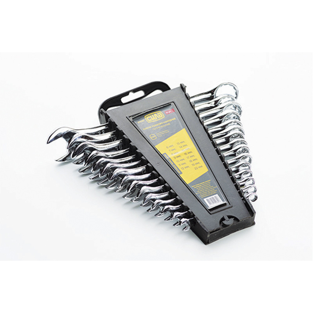 Набір ключів ріжково-накидних полірованих CrV 6, 7, 8, 9, 10, 11, 12, 13, 14, 15, 16, 17, 18, 19, 22 (15шт) СИЛА