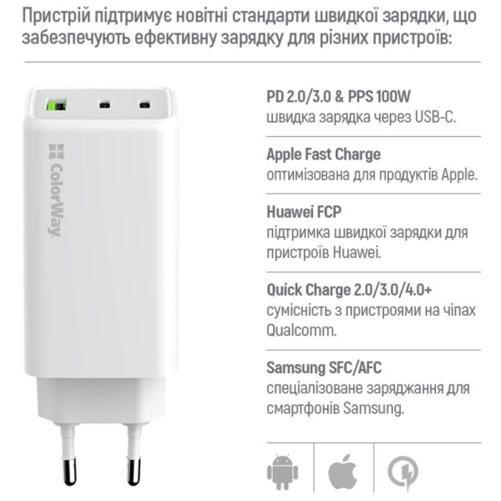 Зарядний пристрій ColorWay C101B GaN Mini 100W PD PPS 2xUSB-C + USB-A white (CW-CHS061PD-WT)