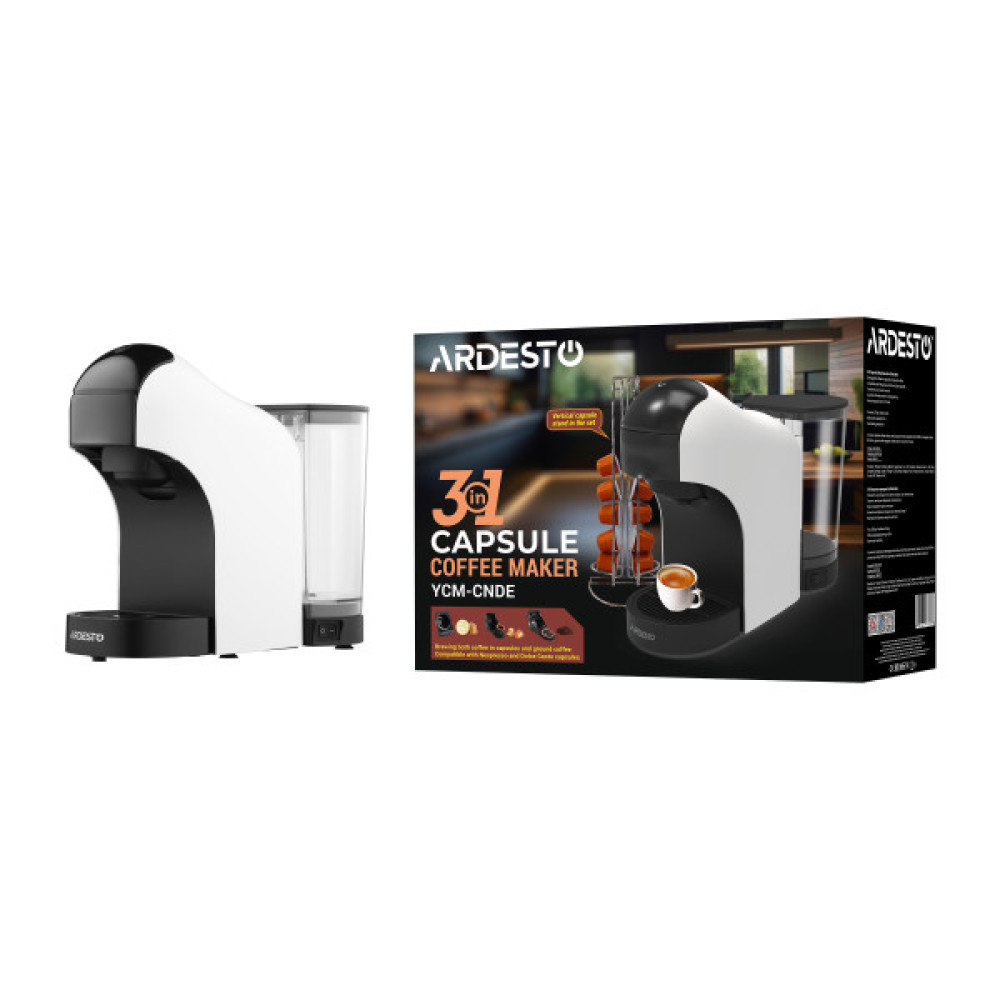 Кавоварка ARDESTO  3в1, 0.9л, капсули Nespresso, Nescafe Dolce Gusto, мелена кава, сенсорне керування, білий