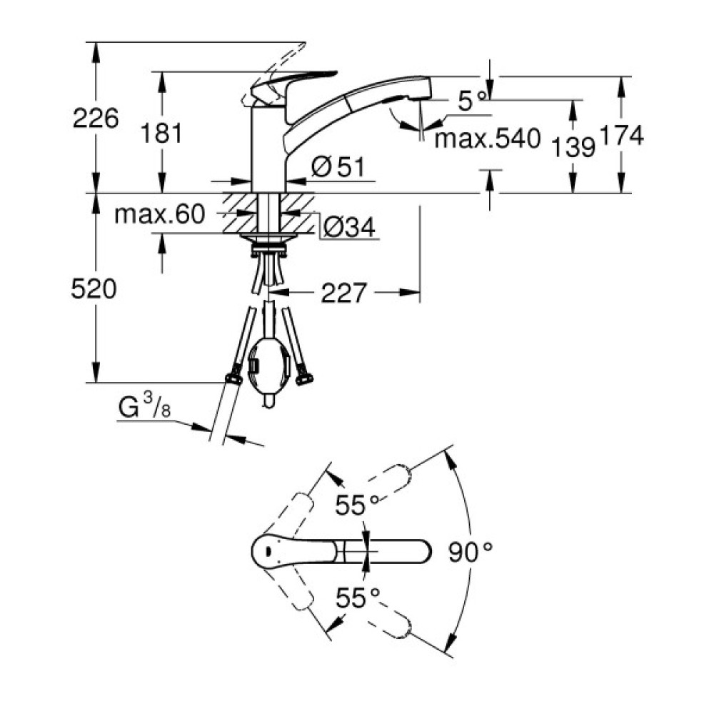 Змішувач для кухні Grohe Via, довж.виливу - 227мм, поворотний/витяжний, 1важіль, хром