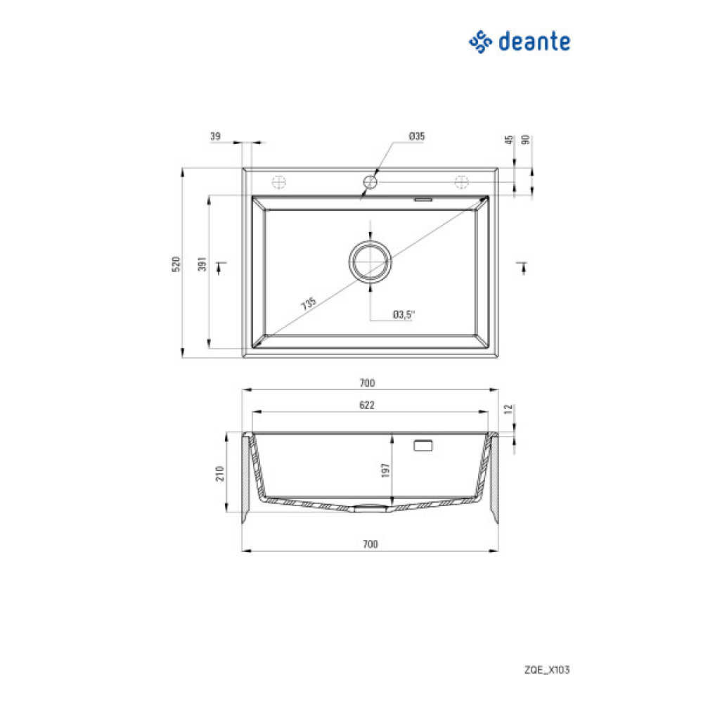 Мийка кухонна Deante Eridan, граніт, прямокутна, без крила, 700х520х210мм, чаша - 1, врізна, металічний графіт