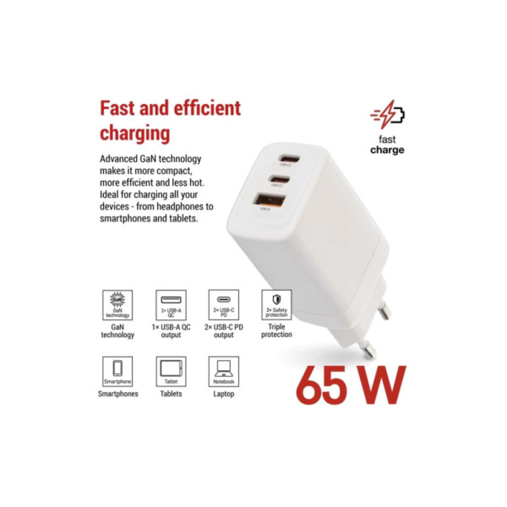 Зарядний пристрій EMOS V05G65 1xUSB-A + 2xUSB-C PD65W GaN (V05G65)