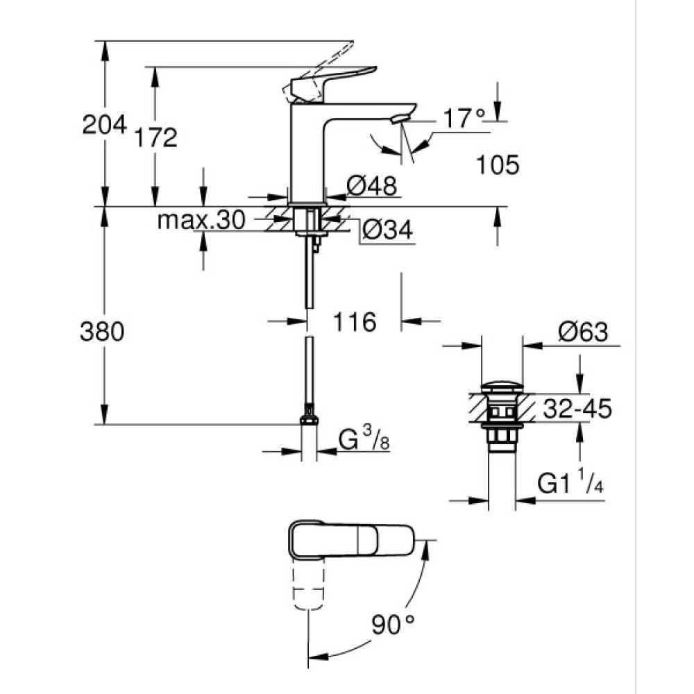 Змішувач для раковини Grohe QuickFix Dice ColdStart M-розміру, довж. виливу - 116мм, неповоротний, 1 важіль, хром