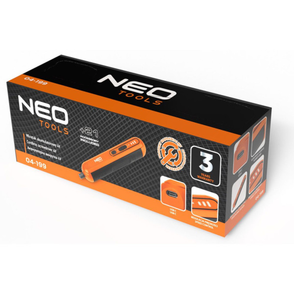 Викрутка акумуляторна Neo Tools 4В1Х1.5А·год 4.5Нм 230об/хв 20 біт кейс 0.23кг