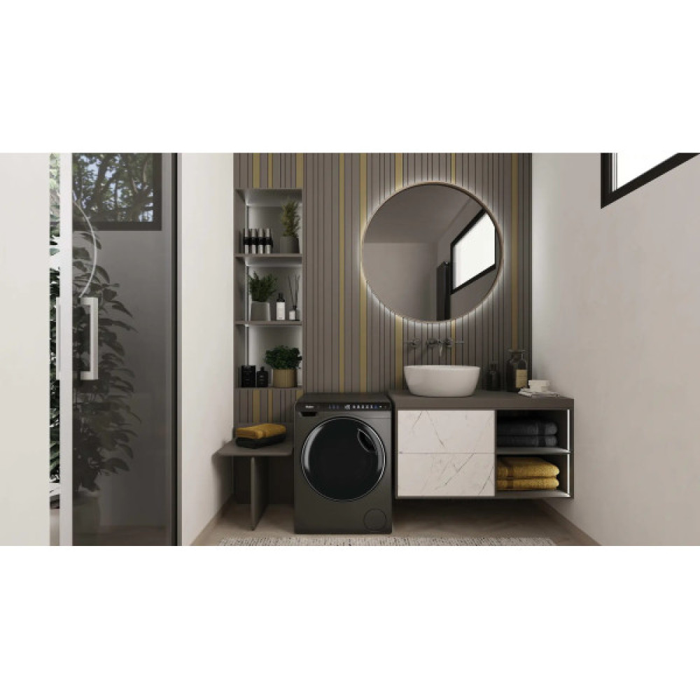 Пральна машина Haier фронтальна, 5кг, 1200, A, 42.3см, дисплей, інвертор, люк чорний, Wi-Fi, висота 70см, cріблястий