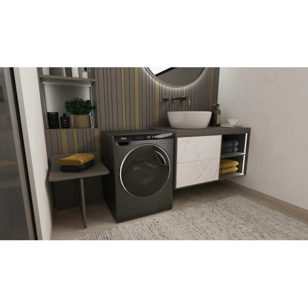 Пральна машина Haier фронтальна, 5кг, 1200, A, 42.3см, дисплей, інвертор, люк чорний, Wi-Fi, висота 70см, cріблястий