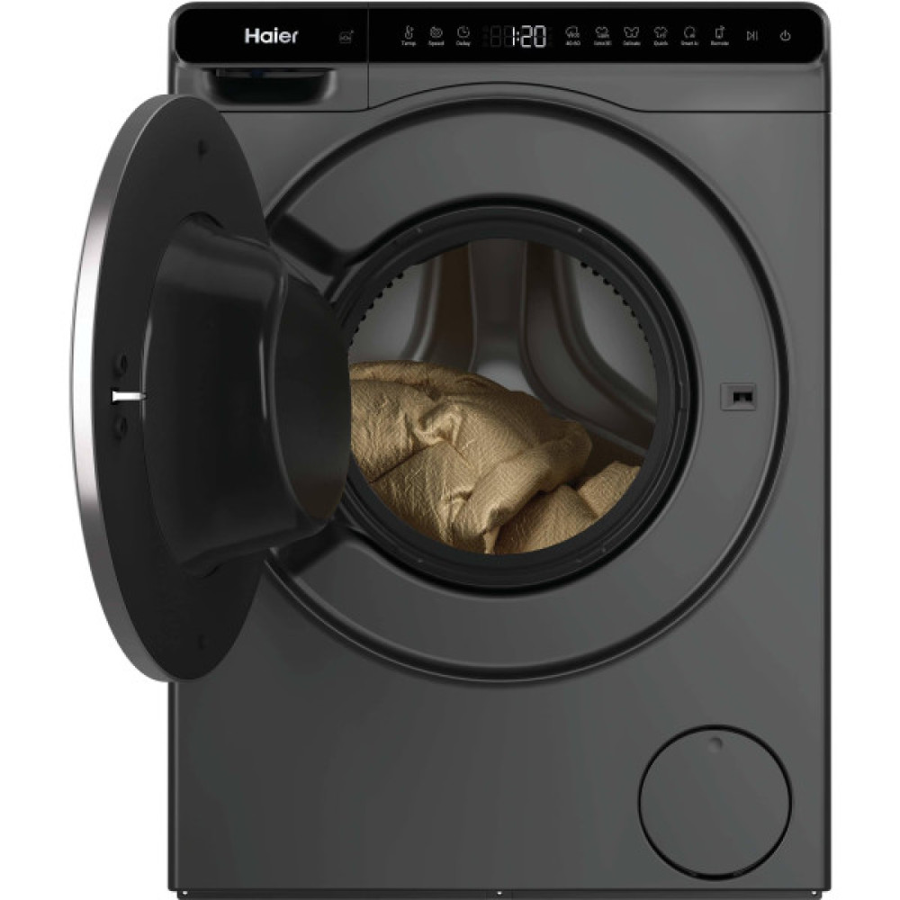 Пральна машина Haier фронтальна, 5кг, 1200, A, 42.3см, дисплей, інвертор, люк чорний, Wi-Fi, висота 70см, cріблястий