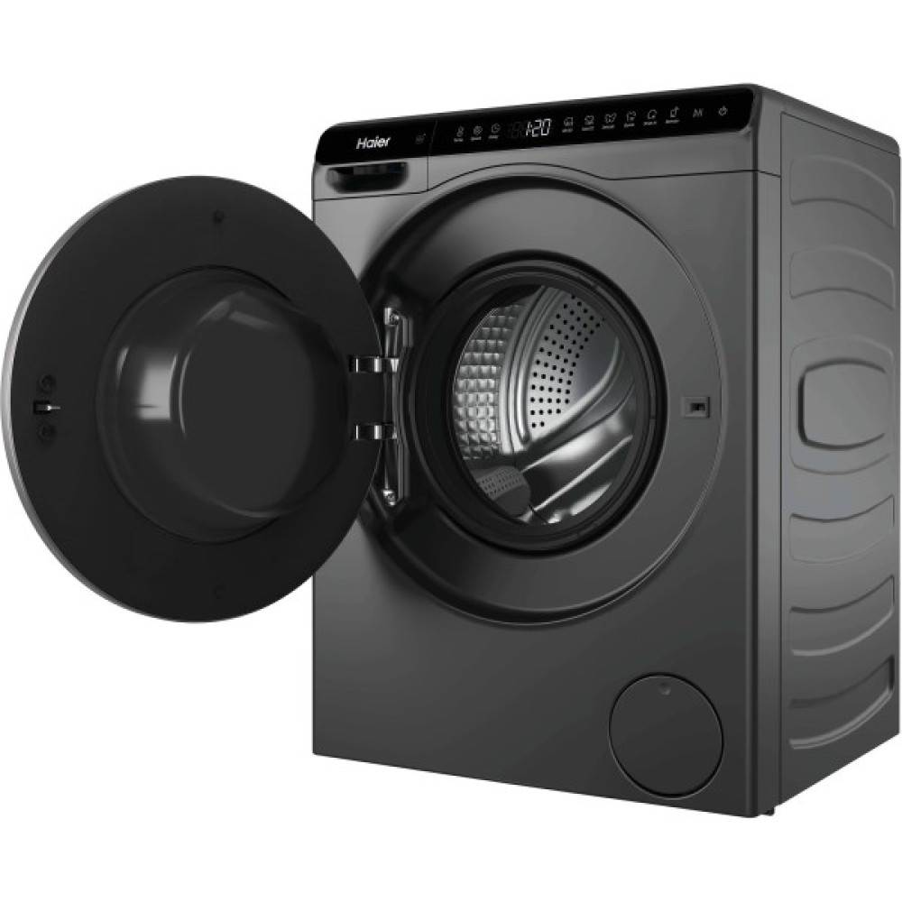 Пральна машина Haier фронтальна, 5кг, 1200, A, 42.3см, дисплей, інвертор, люк чорний, Wi-Fi, висота 70см, cріблястий