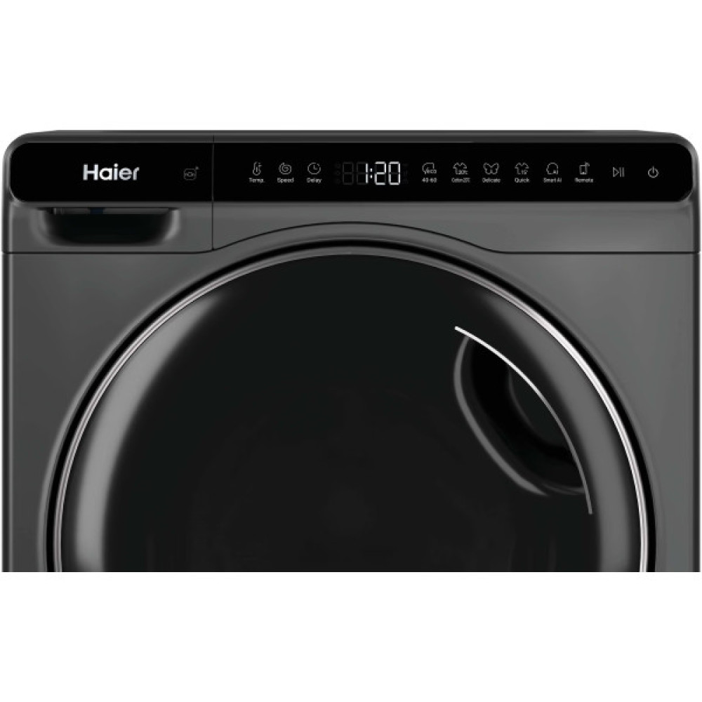 Пральна машина Haier фронтальна, 5кг, 1200, A, 42.3см, дисплей, інвертор, люк чорний, Wi-Fi, висота 70см, cріблястий