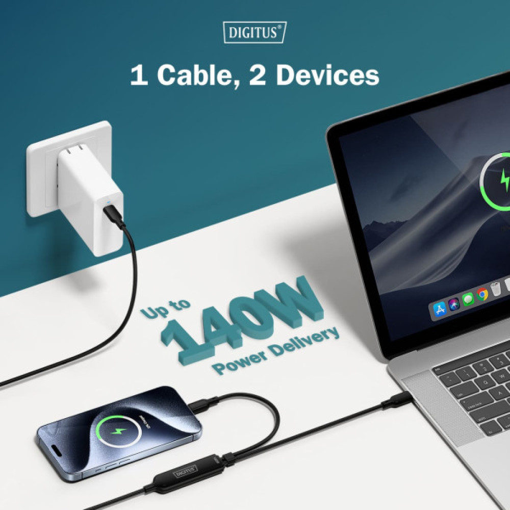 Кабель DIGITUS USB-C > 2xUSB-C заряджання/синхронізації, USB 2.0, 140W, 1.8м, чорний