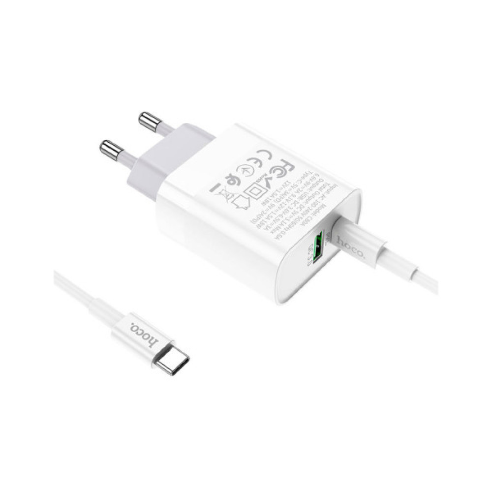 Зарядний пристрій HOCO C80A Rapido 1xUSB-C PD20W + 1xUSB QC3.0 + cable USB-C to USB-C White (6931474740533)