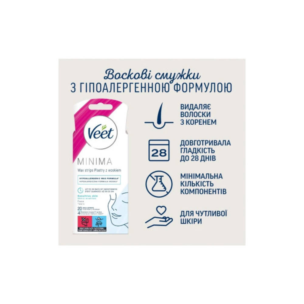 Воскові смужки Veet Minima Гіпоалергенні для чутливої шкіри обличчя 20 шт. (5900627095883) Воскові смужки Veet Minima Гіпоалергенні для чутливої шкіри обличчя 20 шт. (5900627095883)