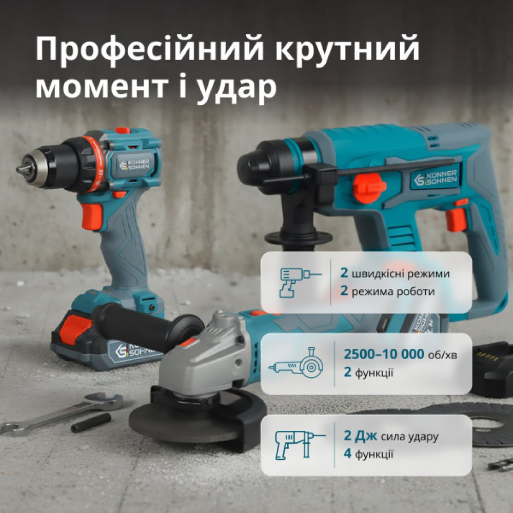 Набір із трьох акумуляторних інструментів Konner&Sohnen KS RHAGD 20V SET 3 20В дриль, шліфмашина кутова, перфоратор, швидкий ЗП 4.5А акб 2х4А·год сумка 7.5кг