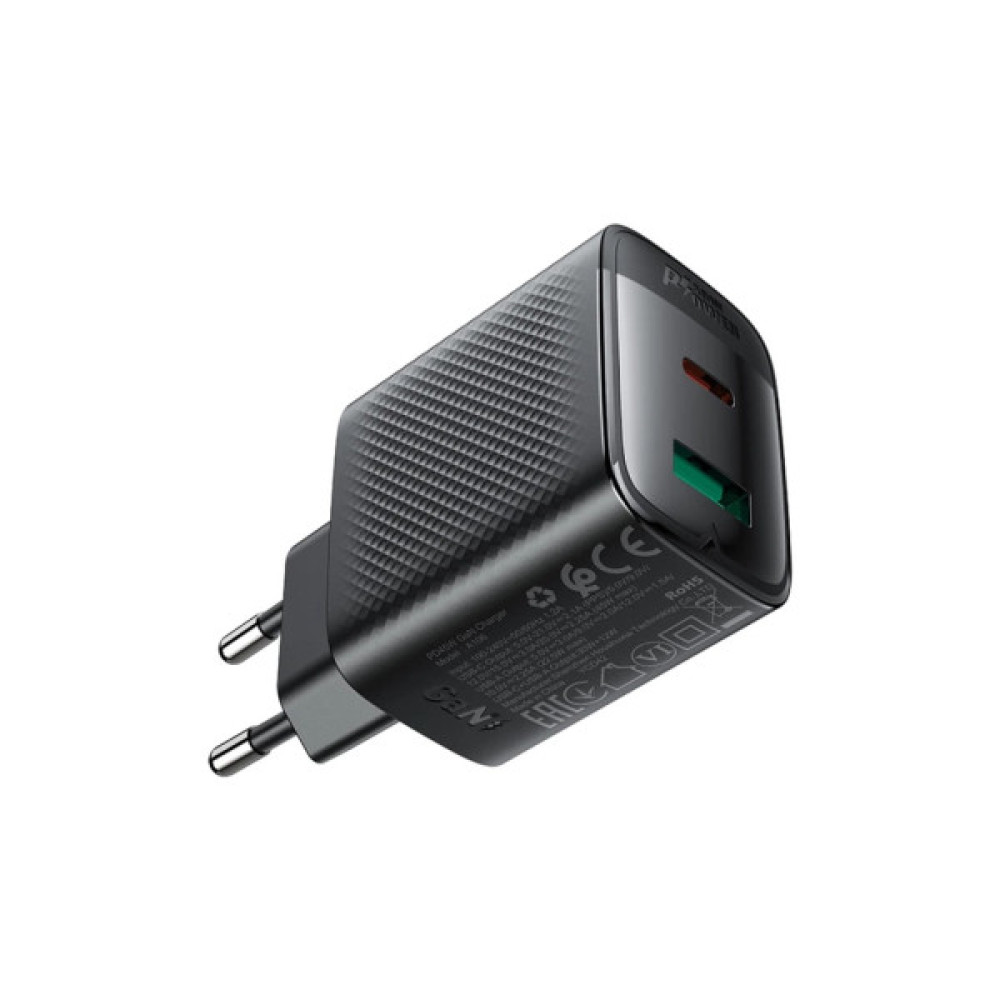 Зарядний пристрій Acefast A106 1xUSB-C PD45W + 1xUSB QC3.0 GaN black (6974316284031)