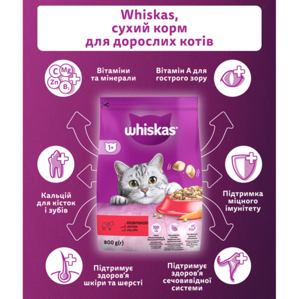 Сухий корм для кішок Whiskas з яловичиною 800 г (5998749144145/5900951294013)