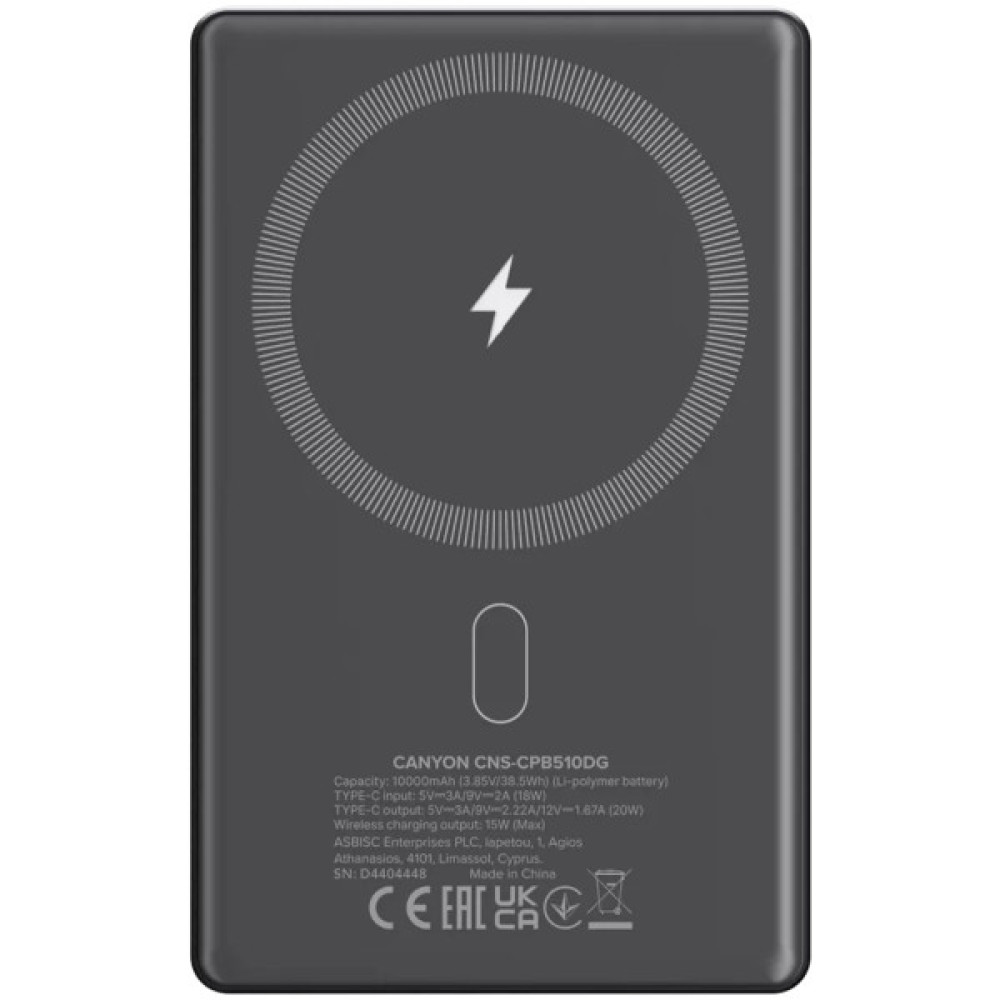 Батарея універсальна Canyon 10000mAh OnPower 510 slim Magsafe PD/20W Dark Grey (CNS-CPB510DG)