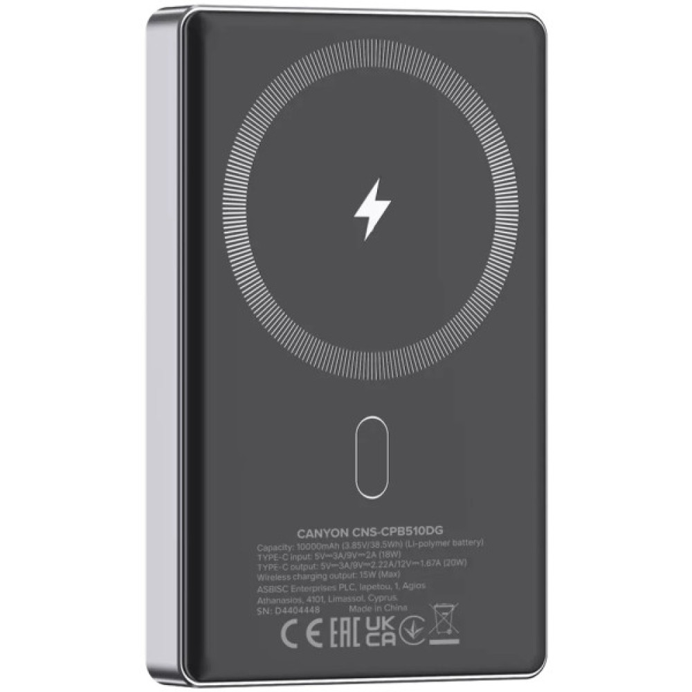 Батарея універсальна Canyon 10000mAh OnPower 510 slim Magsafe PD/20W Dark Grey (CNS-CPB510DG)