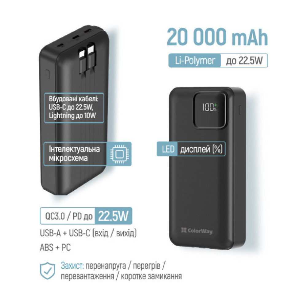 Батарея універсальна ColorWay 20 000 mAh Optimal Power PD/22.5W, QC/3.0, Black (CW-PB200LPB5BK-PDD)