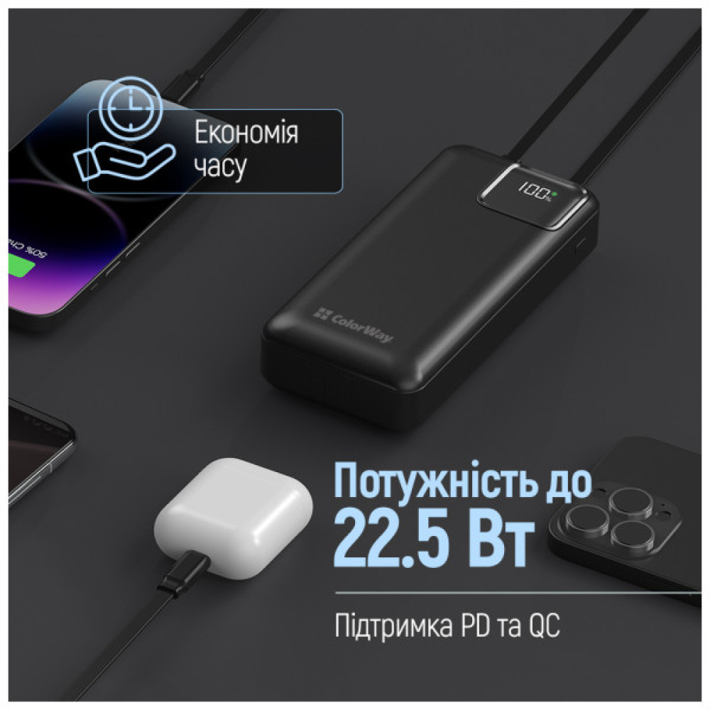 Батарея універсальна ColorWay 20 000 mAh Optimal Power PD/22.5W, QC/3.0, Black (CW-PB200LPB5BK-PDD)