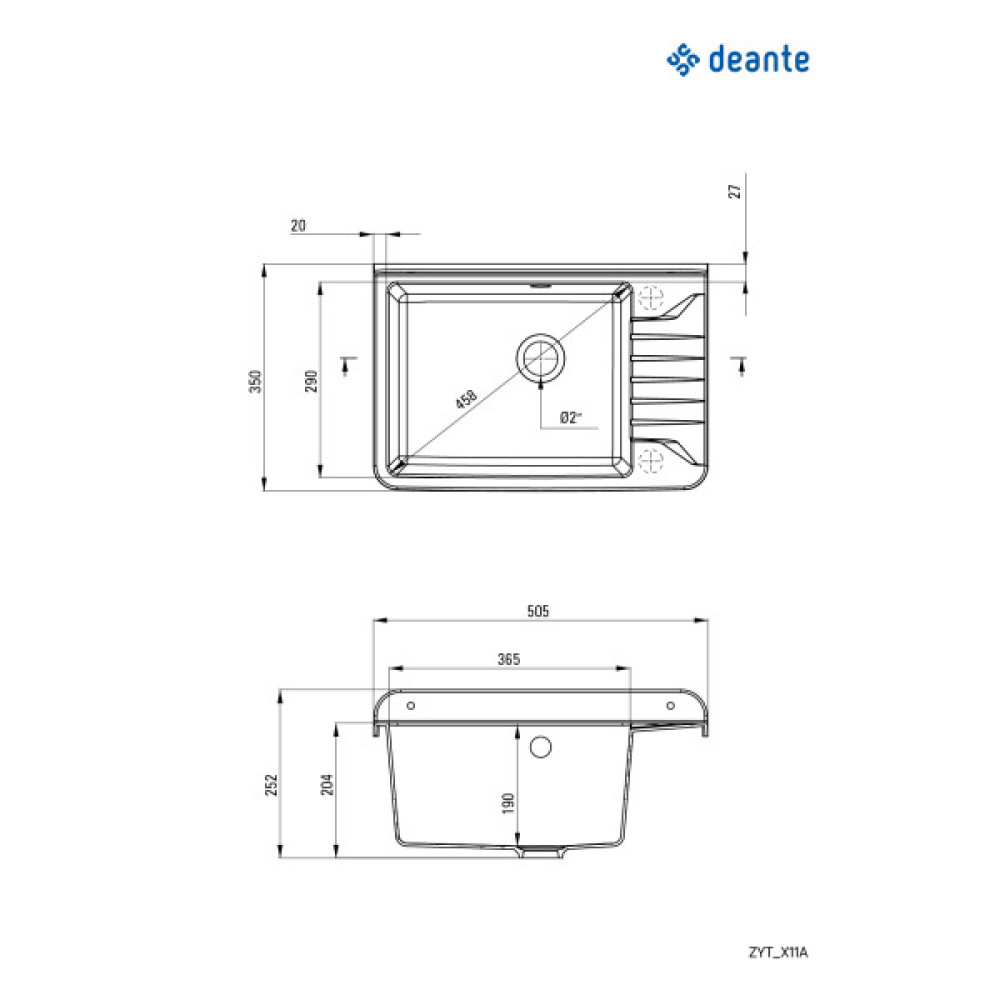 Мийка кухонна Deante Garden, полістирол, прямокут., без крила, 505х350х252мм, чаша - 1, до стіни, сірий