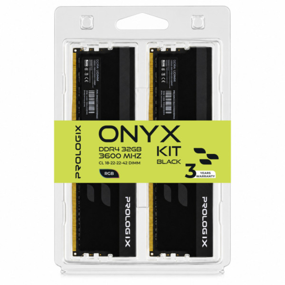 Модуль пам'яті для комп'ютера DDR4 32GB (2x16GB) 3600 MHz Onyx Black RGB Prologix (PRO32GB3600YBR4K)