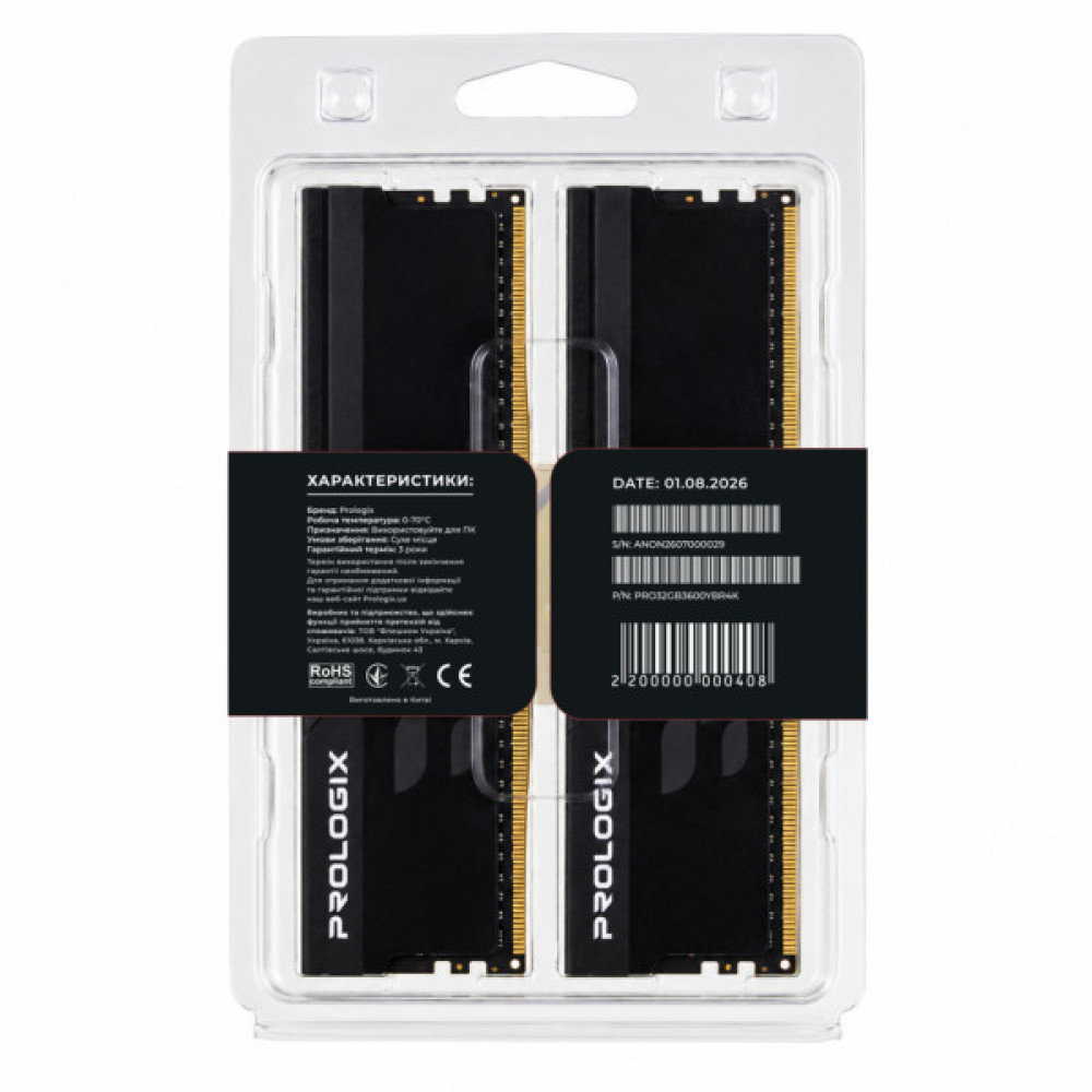Модуль пам'яті для комп'ютера DDR4 32GB (2x16GB) 3600 MHz Onyx Black RGB Prologix (PRO32GB3600YBR4K)