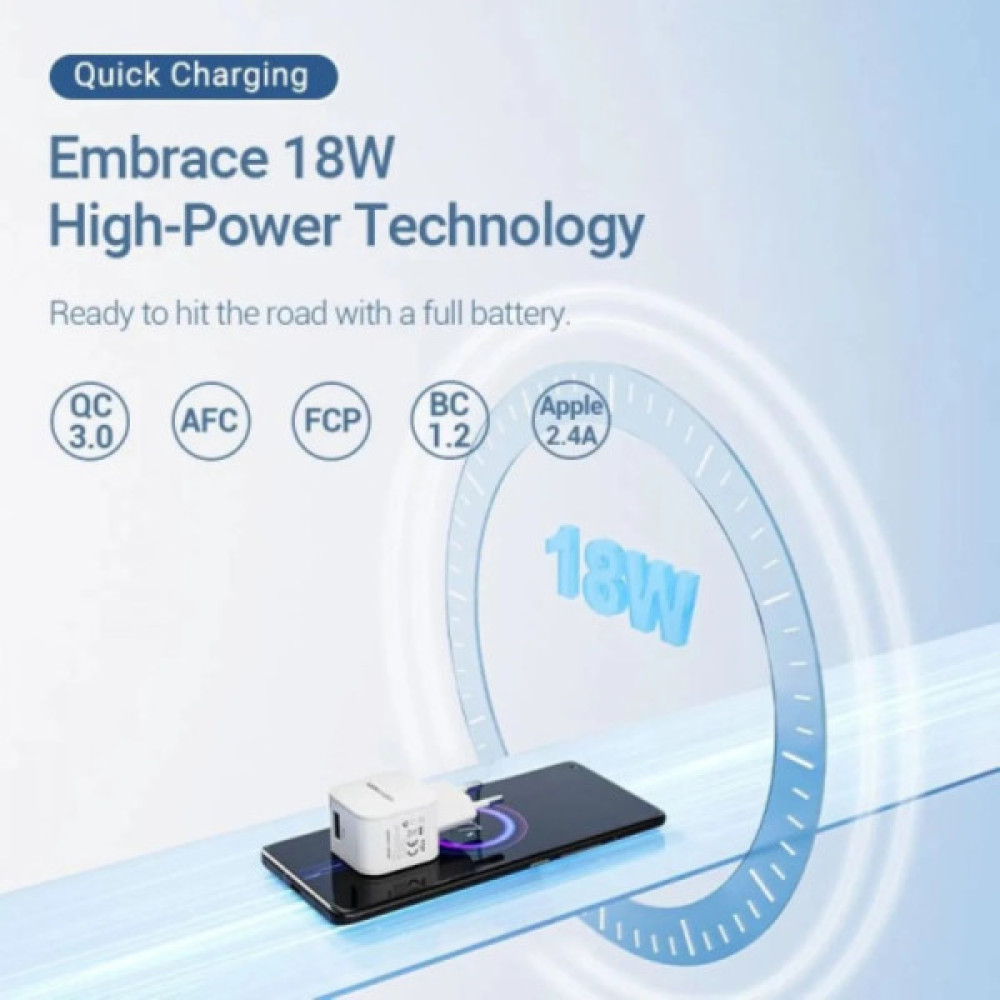 Зарядний пристрій Vention 1xUSB 18W QC3.0 White (FEKW0-EU)