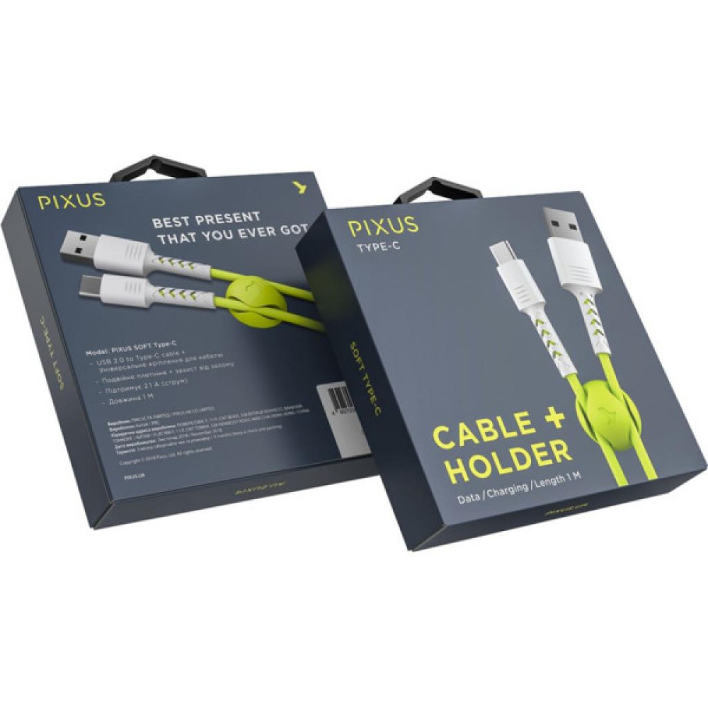 Дата кабель USB 2.0 AM to USB-C 1.0m Soft white/lime Pixus (4897058531169)