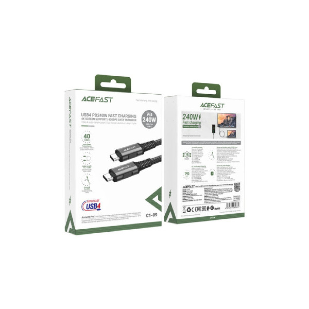 Дата кабель USB-C to USB-C 1.0m USB 4.0 240W audio/video black-grey Acefast (6974316282631)