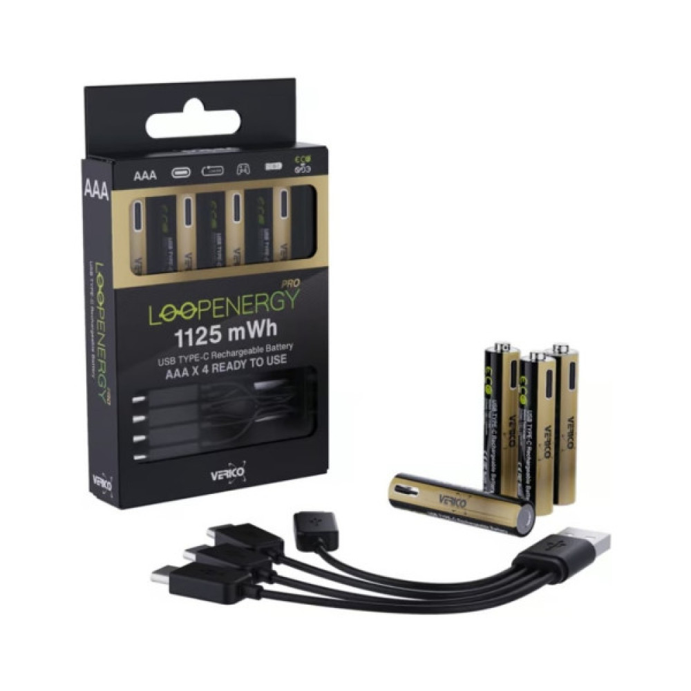 Акумулятор Verico AAA USB Type-C 750mAh/1125mWh-1.5V Li-ion 4шт./уп. (Loop Energy PRO) (1UDBT-A7WEAC-NN)