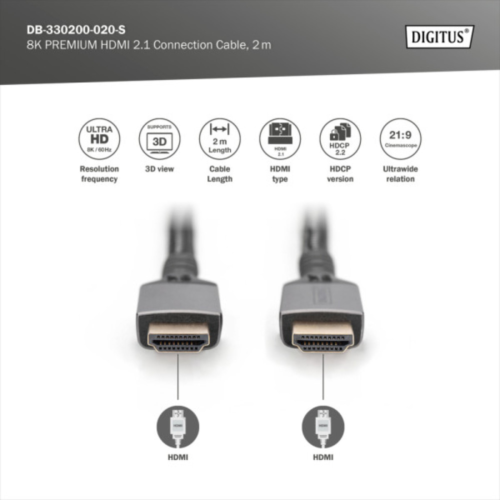 Кабель мультимедійний HDMI M to HDMI M 2.0m V2.1 8K60Hz 48Gbps black Digitus (DB-330200-020-S)