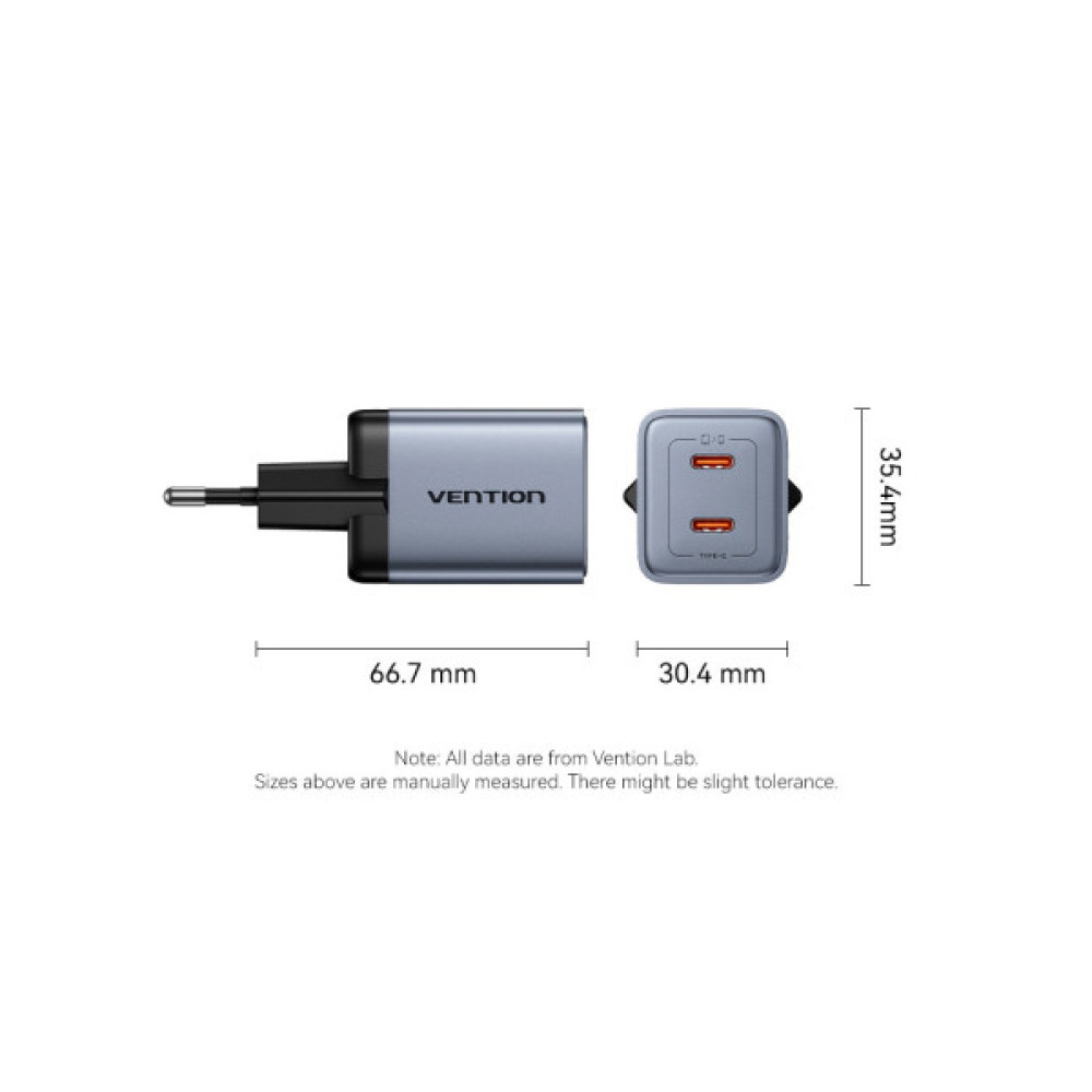 Зарядний пристрій Vention 2xUSB-C PD45W GaN transparent gray (FCFH0-EU)