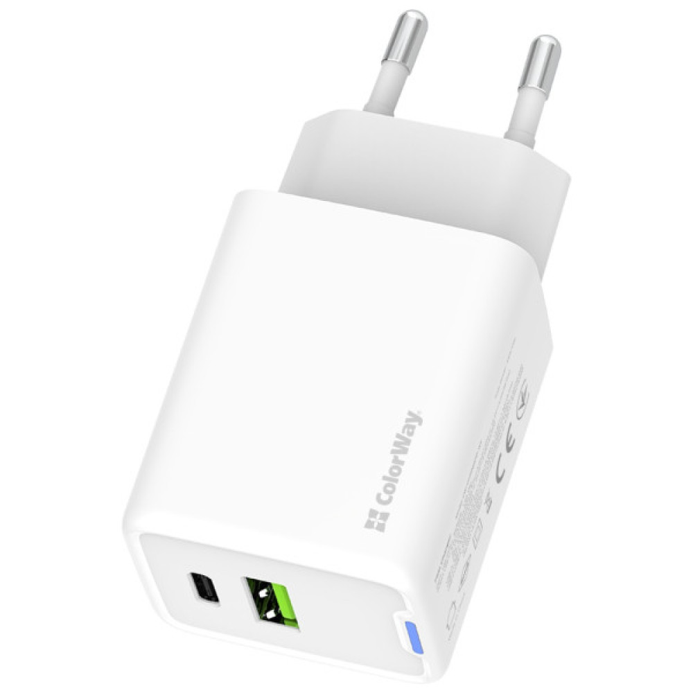 Зарядний пристрій ColorWay C101E GaN Mini 45W PD PPS USB-C + USB-A QC4.0 white (CW-CHS060PD-WT)