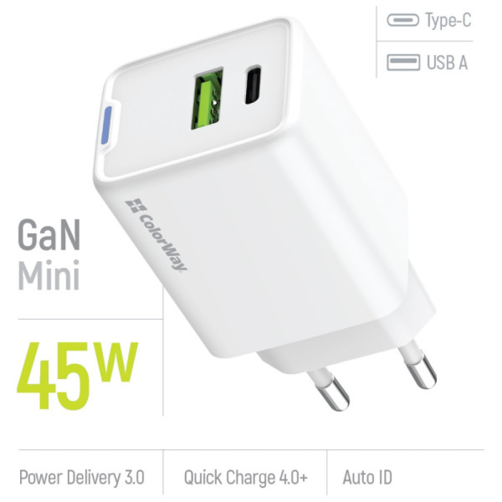Зарядний пристрій ColorWay C101E GaN Mini 45W PD PPS USB-C + USB-A QC4.0 white (CW-CHS060PD-WT)