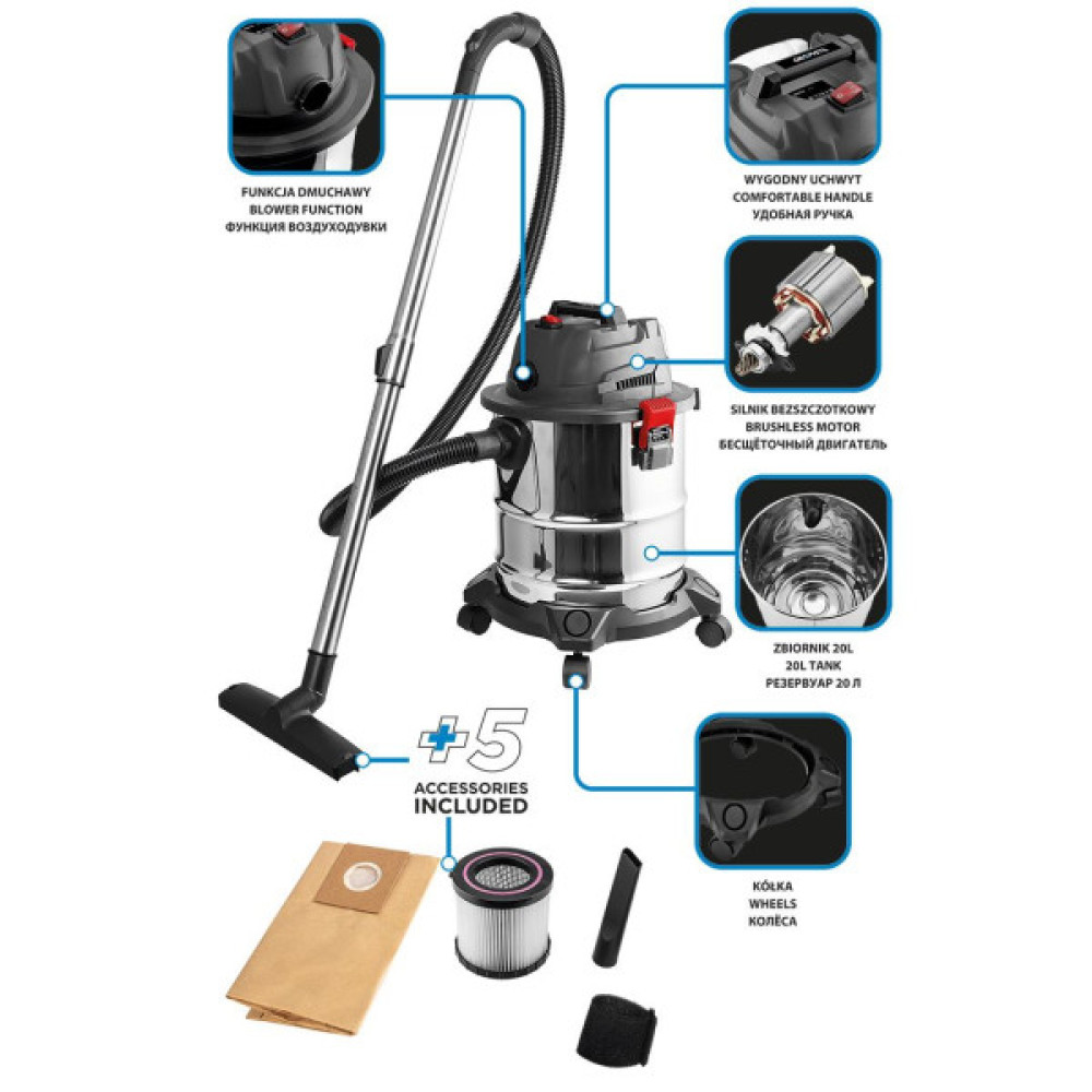 Пилосос професійний акумуляторний GRAPHITE Energy+ 18В контейнер 20л 4.03кг без АКБ та ЗП