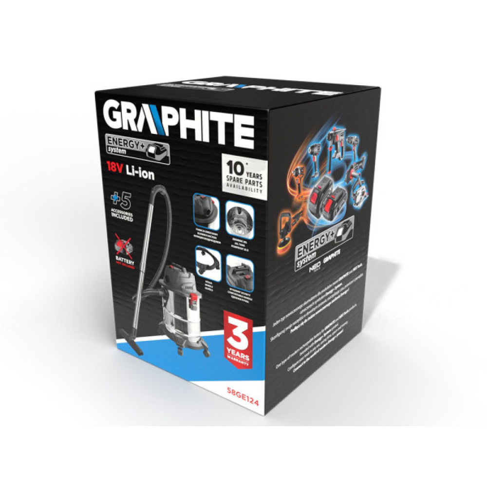 Пилосос професійний акумуляторний GRAPHITE Energy+ 18В контейнер 20л 4.03кг без АКБ та ЗП