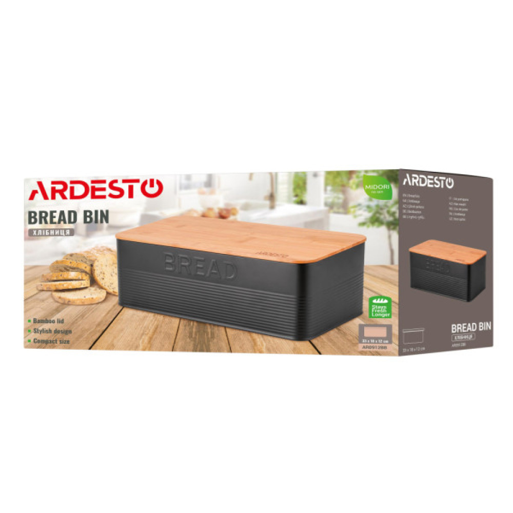 Хлібниця ARDESTO Midori 33х18х12см, метал, бамбук, чорний (AR0912BB)
